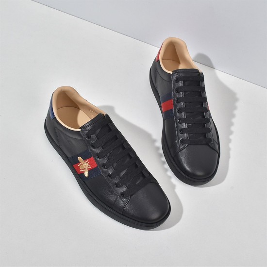 Gucci Men's Ace Bee Embroidered Black Leather Trainers - Overhead View Overhead angled view of Gucci Men's Ace Bee Embroidered Black Leather Trainers showing black laces and toe boxes