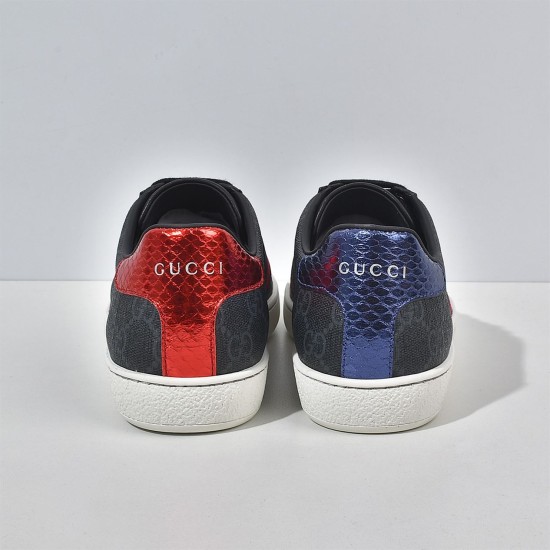 Direct rear view of metallic red and blue heels with brand lettering in black