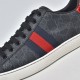 Close-up of web stripe detail and GG monogram canvas on black trainer