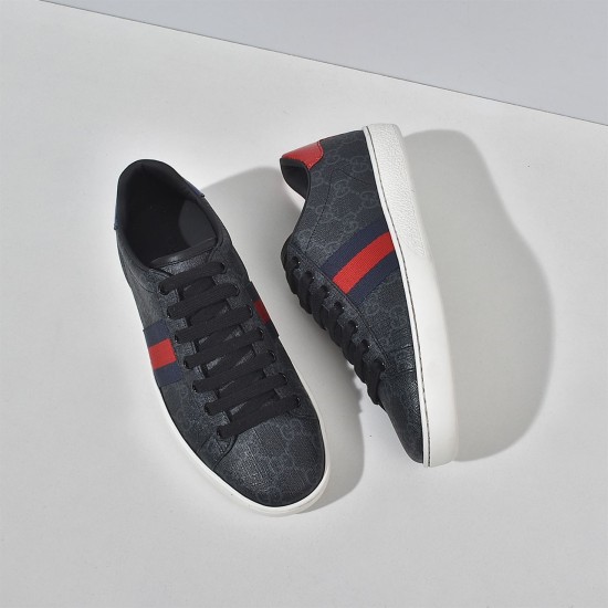 Top and side view of Gucci Ace GG Supreme low-top trainers in black