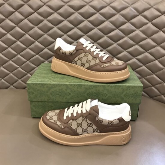Gucci GG Supreme Brown Leather Trainers Pair View in brown and white Pair of Gucci GG Supreme canvas brown leather trainers displaying outer side profiles next to green shoebox in brown and white