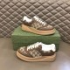 Gucci GG Supreme Brown Leather Trainers Pair View in brown and white Pair of Gucci GG Supreme canvas brown leather trainers displaying outer side profiles next to green shoebox in brown and white