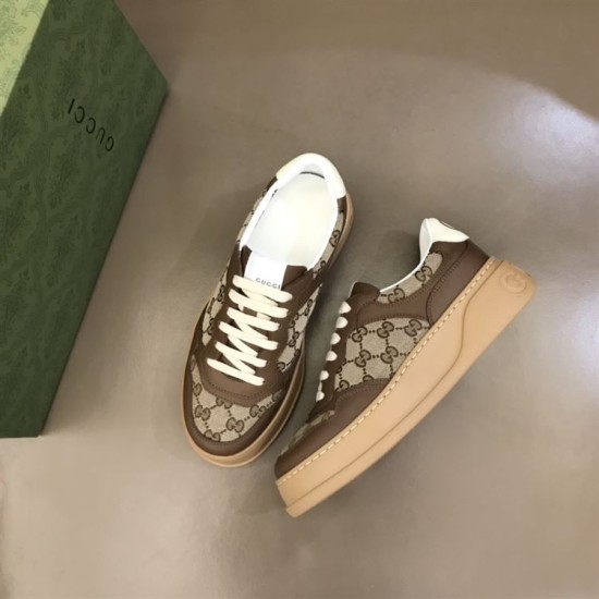 Gucci GG Supreme Brown Trainers Pair Overhead View in brown and white Overhead angle showing a pair of Gucci GG Supreme canvas brown leather trainers beside box in brown and white