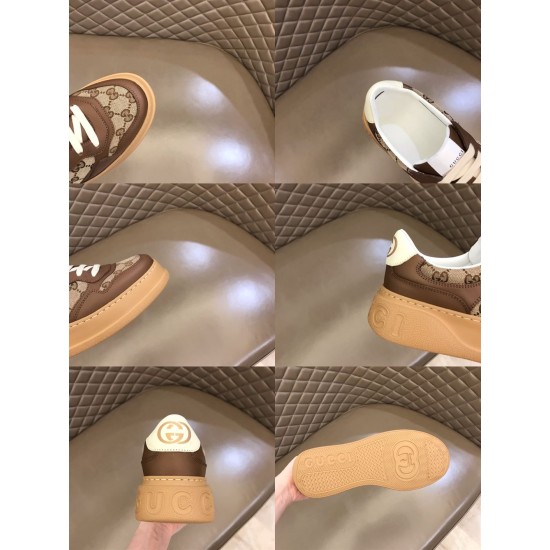 Gucci GG Supreme Brown Trainer Details Grid View in brown and white Collage of six detail shots showing toe box, heel logo, platform midsole and rubber outsole of Gucci trainer in brown and white