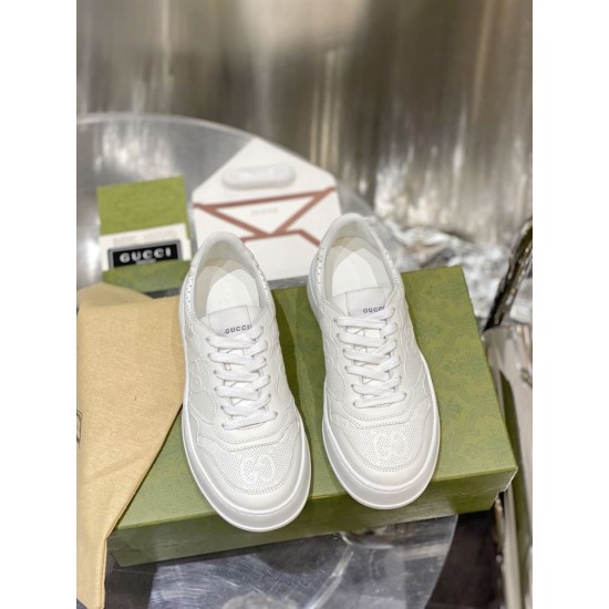 Gucci White Trainers Top View Top-down view of Gucci white low top trainers showing lace setup and toe box pattern