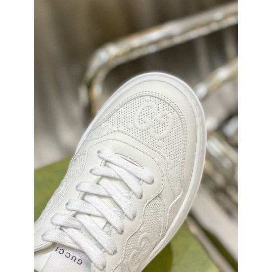 Gucci White Trainer Toe Box Detail Close-up of the toe box featuring embossed GG pattern and white laces