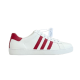 Gucci Low Top Leather Trainer Side View in white and red Profile view of Gucci white leather low-top trainer with red side stripes and red heel tab.