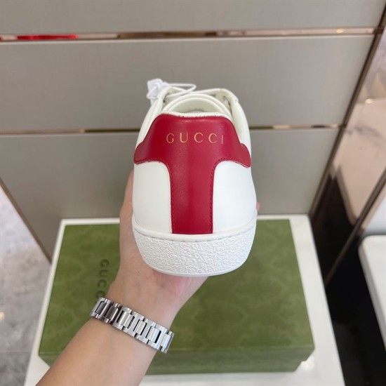 Gucci Trainer Red Heel Tab Detail in white and red Rear view showing red leather heel tab with gold Gucci branding in white and red