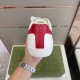 Gucci Trainer Red Heel Tab Detail in white and red Rear view showing red leather heel tab with gold Gucci branding in white and red