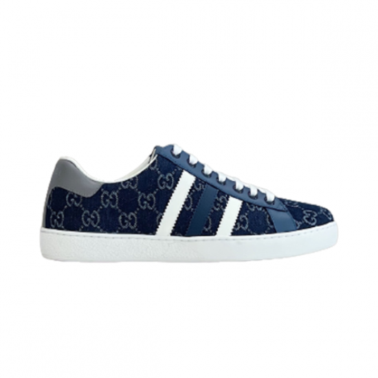Gucci Men's GG Blue Denim Low-Top Trainer Full View Full lateral side view of Gucci Men's GG Blue Denim Low-Top Trainer