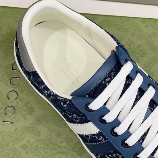 Gucci Men's GG Blue Denim Trainer Insole Detail Close-up detail of the lacing, collar and branded insole of the Gucci Men's GG Blue Denim Trainer