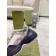 Gucci Rhyton Monogram Trainer Midsole Detail in beige and pink Close-up of the navy chunky midsole and monogram canvas upper on Gucci trainer in beige and pink
