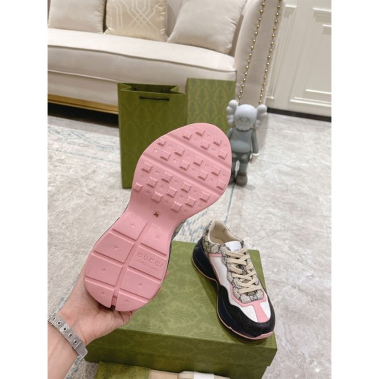Gucci Rhyton Monogram Trainer Sole View in beige and pink Underside view showing pink textured rubber tread with Gucci logo branding in beige and pink