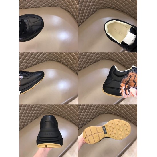 Gucci Rhyton Tiger Print Leather Trainer Details Composite in black Multi-angle composite showing heel, sole tread, and collar details of black Gucci trainer