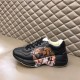 Gucci Rhyton Tiger Print Leather Trainer Profile View in black Side profile of Gucci Rhyton black leather trainer on padded background