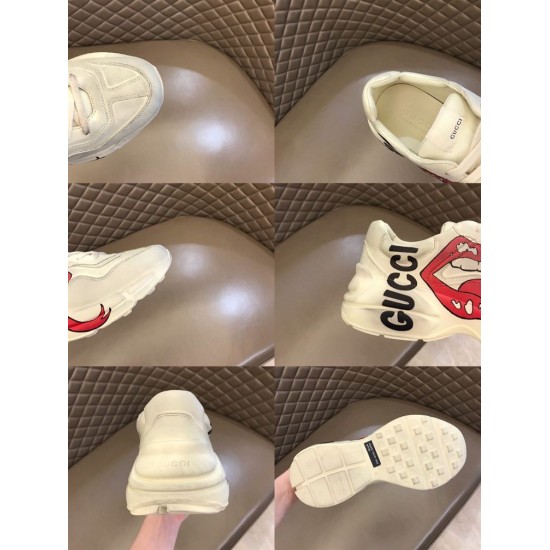 Gucci Mouth Print Trainer Multi-Angle Details in off white Grid collage detailing upper toe, tongue logo, heel branding, and sole in off white