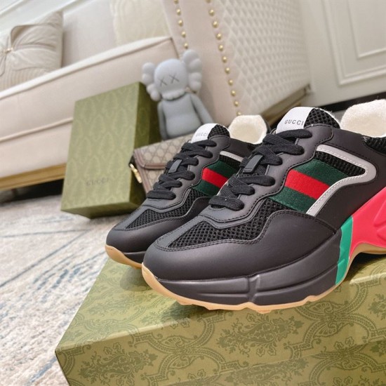 Gucci Rhyton Black Trainer Toe Detail in black and red Close-up front view of black leather and mesh toe cap on Gucci Rhyton trainers in black and red