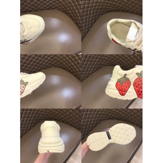 Gucci Rhyton Trainer Close-Up Details Collage in ivory and red Six collage close-ups of Gucci Rhyton trainer toe box, tongue, heel, and outsole in ivory and red