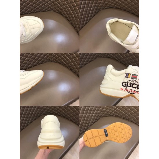 Gucci Rhyton Trainer Multi-Angle Detail Collage in white Collage showing toe, collar, heel emboss and gum tread details in white