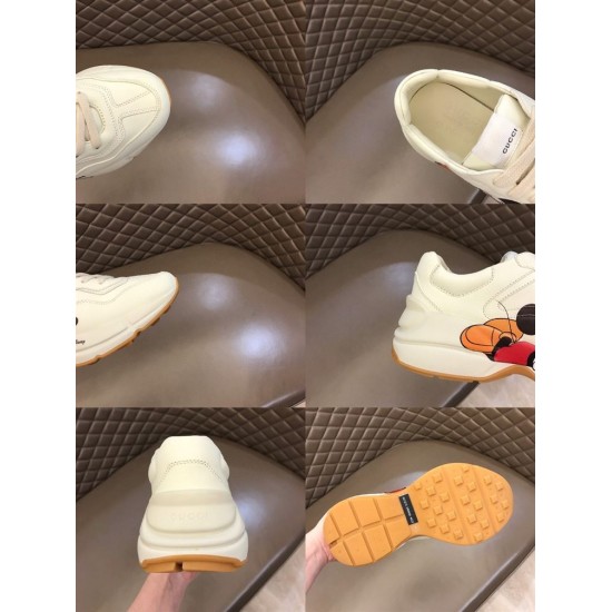 Gucci x Disney Rhyton Trainer Feature Details in ivory Composite collage showing detail views, heel counter, tongue label and gum sole of Gucci x Disney trainer in ivory