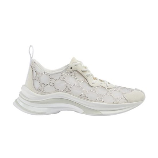 Gucci Run GG Crystal White Trainers Lateral Profile Full lateral side view of Gucci Run GG crystal embellished white mesh trainer on plain background