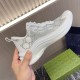 Gucci Run GG Crystal White Trainers In Hand View Hand holding Gucci Run GG crystal embellished white mesh trainer showing medial side view
