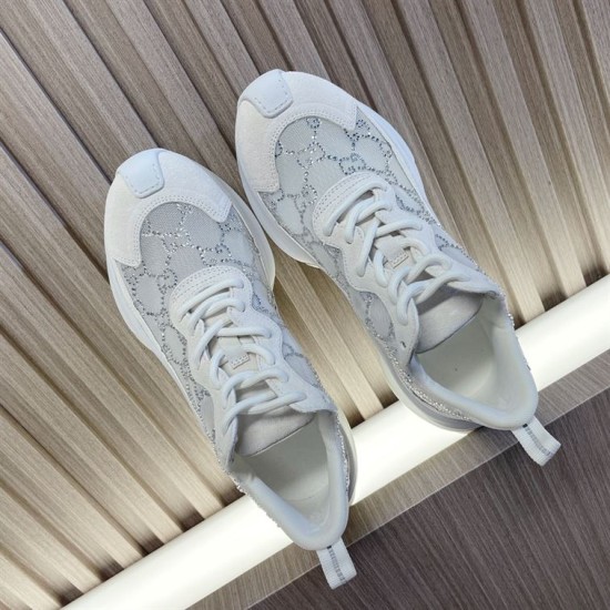 Gucci Run GG Crystal White Trainers Overhead Angle Overhead view of Gucci Run GG crystal embellished white mesh trainers