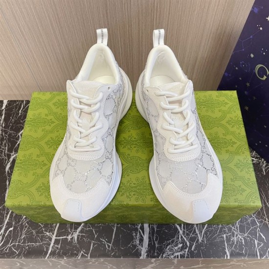 Gucci Run GG Crystal White Trainers Pair Top View Top front view of a pair of Gucci Run GG crystal embellished white mesh trainers