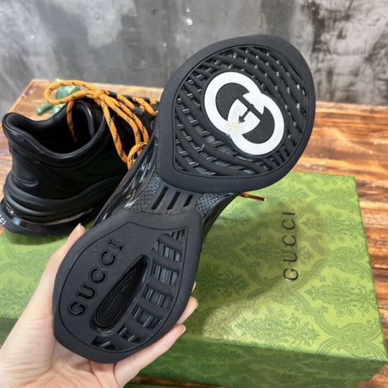 Gucci Black Leather Trainers Outsole Tread Underside view of treaded rubber sole on Gucci Black Leather Trainers