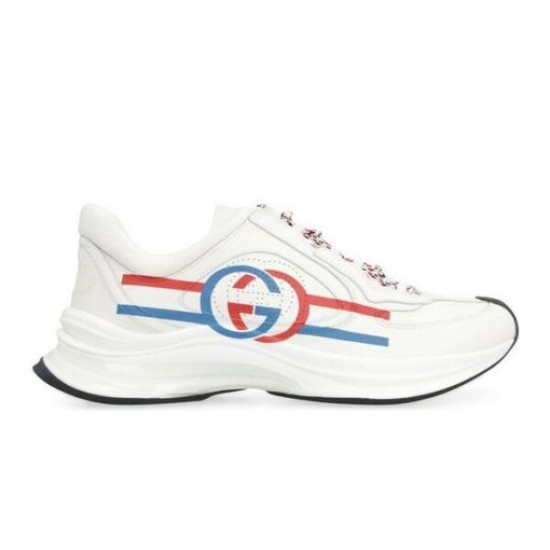 Gucci Run Leather Side-Stripe Trainers Off White isolated profile view on white background in off white and red