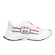 Gucci Run Leather Side-Stripe Trainers Off White isolated profile view on white background in off white and red