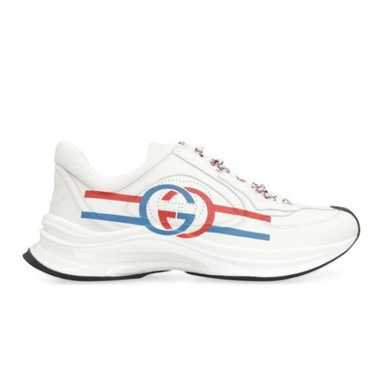 Gucci Run Leather Side-Stripe Trainers Off White lateral side view showing red and blue stripe graphics
