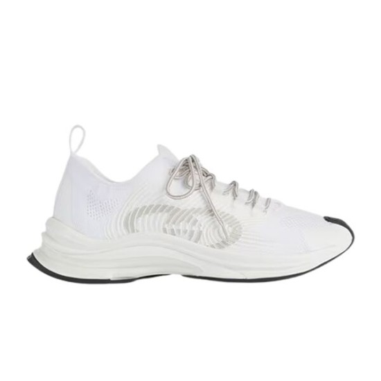 White Gucci Run Knit Low Top Trainer Side View Side profile view of white Gucci Run knit low top trainer against a white background