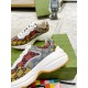 Gucci Rhyton Multicolour Trainers Upper Detail in multicolour and white Close-up side view of Gucci Rhyton GG Multicolour Trainers highlighting panelled canvas upper in multicolour and white