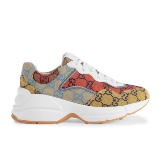 Gucci Rhyton Multicolour Trainer Full View in multicolour and white Full lateral side view of Gucci Rhyton GG Multicolour Chunky Canvas Low Top Trainer in multicolour and white