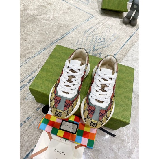 Gucci Rhyton Multicolour Trainers Overhead View in multicolour and white Top-down view of Gucci Rhyton GG Multicolour Trainers displaying white laces
