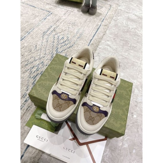 Gucci Screener Beige Trainers - Top View Top-down view of Gucci Screener beige trainers showing toe vamps and lace detail