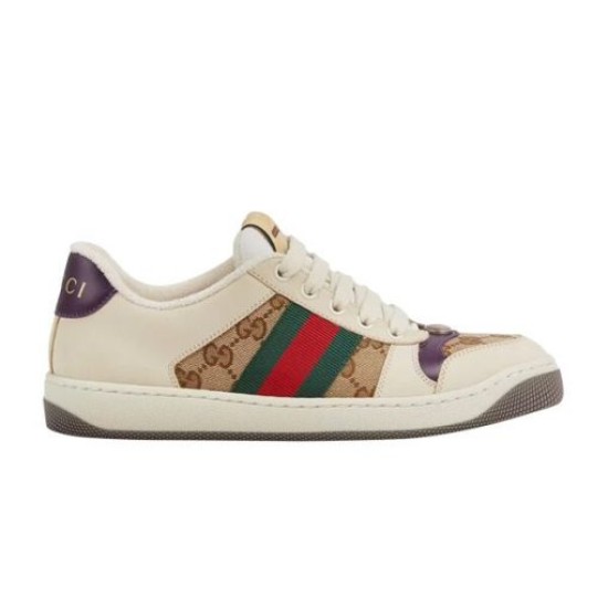 Gucci Screener Low Top Trainer - Lateral View in beige Isolated side view of Gucci Screener GG canvas beige low top trainer
