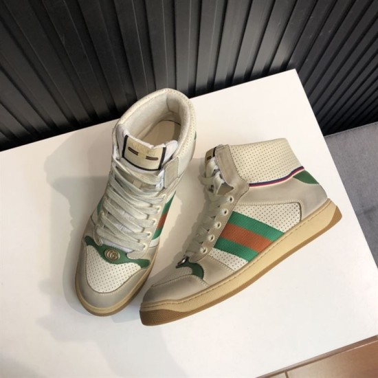 Pair of off-white Gucci Screener high top trainers angled on a white surface in off-white and beige