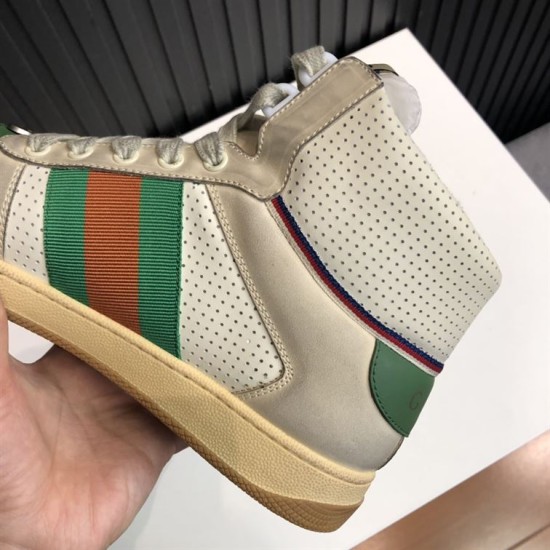 Detailed view of web stripe and textured gum sole on off-white Gucci Screener high top trainers in off-white and beige