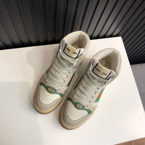 Top-down perspective of beige Gucci Screener high top trainers showing toe perforations in off-white and beige