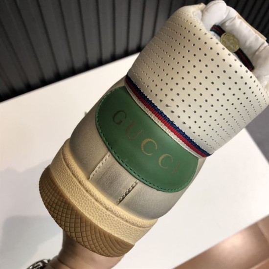 Close-up of green heel patch and perforated collar on beige Gucci Screener high top trainers in off-white and beige