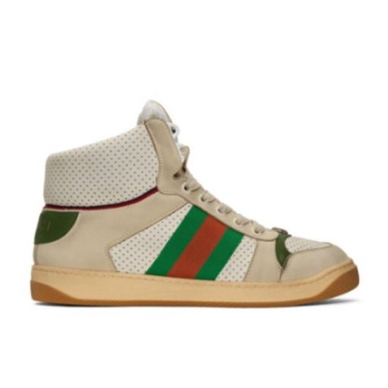 Lateral studio profile view of off-white beige Gucci Screener high top trainers