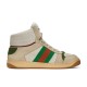 Profile view of off-white beige Gucci Screener high top trainers with green and red web stripe