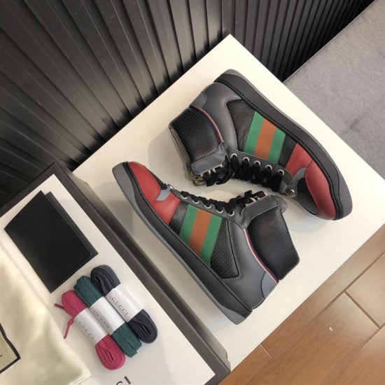 Gucci Screener High Top Trainers Pair and Accessories in black and grey Pair of Gucci Screener GG High Top Leather Trainers alongside spare lace options in black and grey