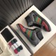 Gucci Screener GG High Top Trainers Pair with Packaging in grey and black Top-down view of Gucci Screener GG high top trainers in grey and black shown with extra laces and packaging box.