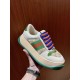 Gucci Screener GG Monogram Trainer Three-Quarter View in beige and green Handheld view showcasing front quarter of beige and green Gucci GG Monogram trainer