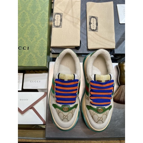 Gucci Screener GG Monogram Trainers Top View with Packaging in beige and green Top-down view of Gucci Screener trainers with blue and orange laces and packaging in beige and green