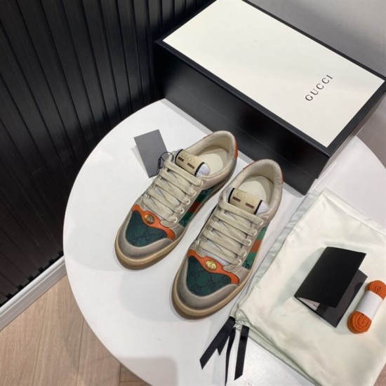 Gucci Screener Trainers with Packaging in beige and green Pair of Gucci Screener monogram trainers displayed with branded shoe box in beige and green