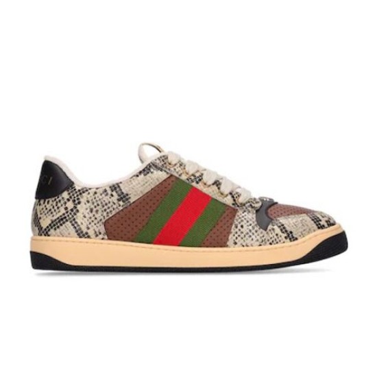 Gucci Screener Python Embossed Leather Trainer Lateral Profile in cream and green Lateral view of Gucci Screener python embossed leather trainer with off-white midsole and black outsole in cream and green